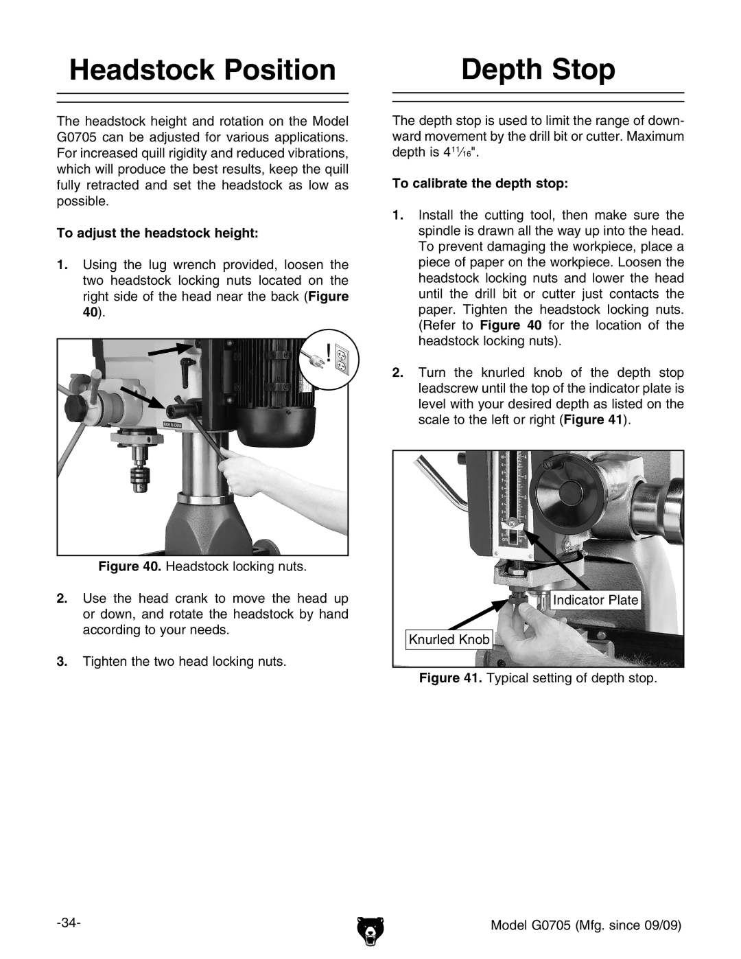 Grizzly G0705 owner manual Depth Stop, To calibrate the depth stop 