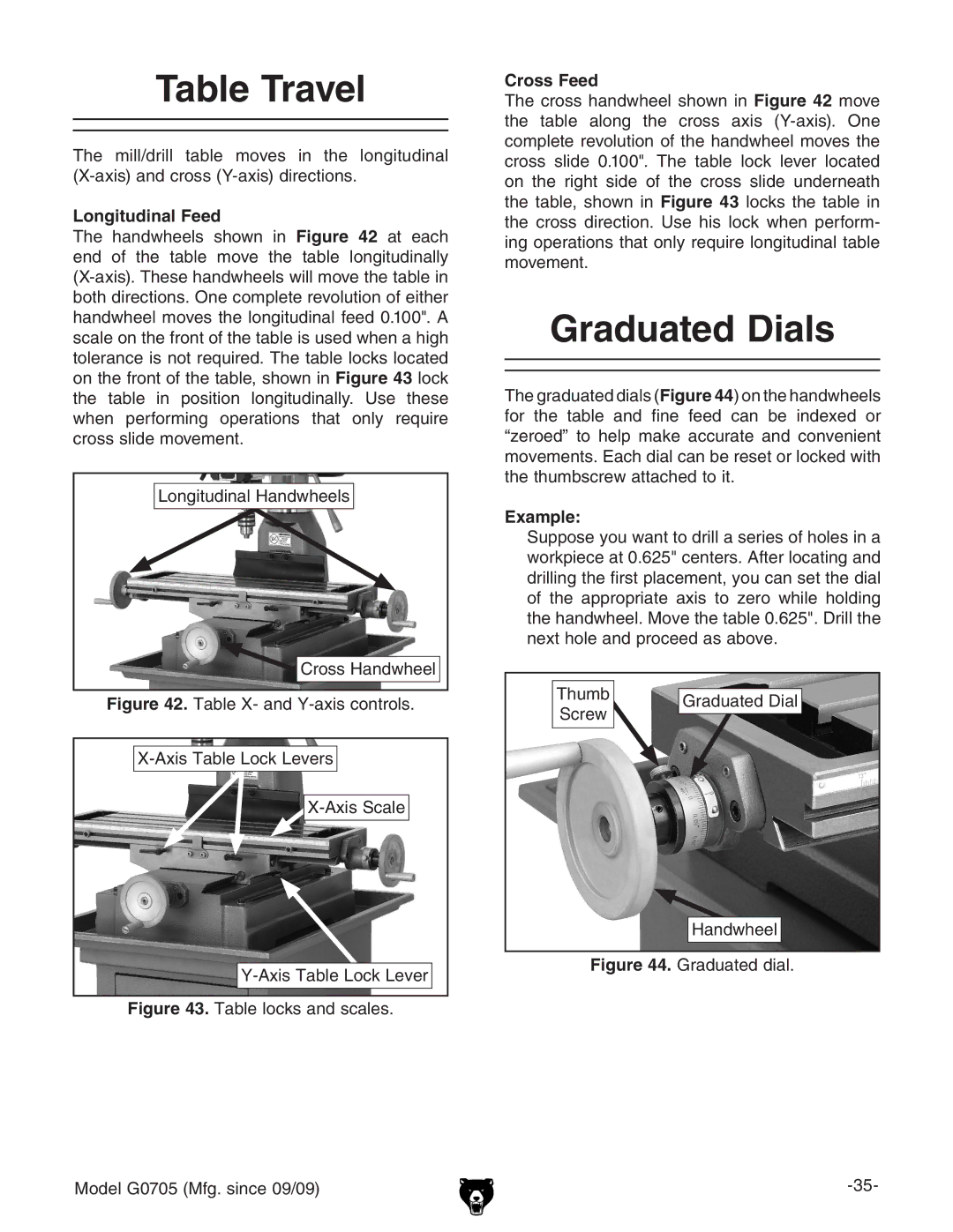 Grizzly G0705 owner manual Table Travel, Graduated Dials, Longitudinal Feed, Cross Feed, Example 