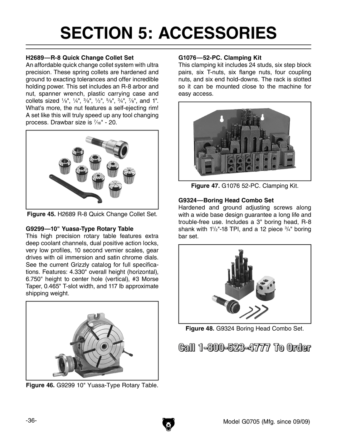 Grizzly G0705 Accessories, H2689-R-8 Quick Change Collet Set, G9299-10 Yuasa-Type Rotary Table, G1076-52-PC. Clamping Kit 