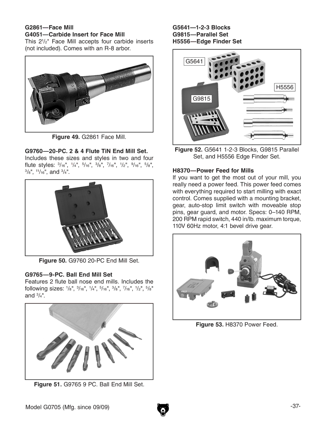 Grizzly G0705 owner manual G2861-Face Mill G4051-Carbide Insert for Face Mill, G9765-9-PC. Ball End Mill Set 