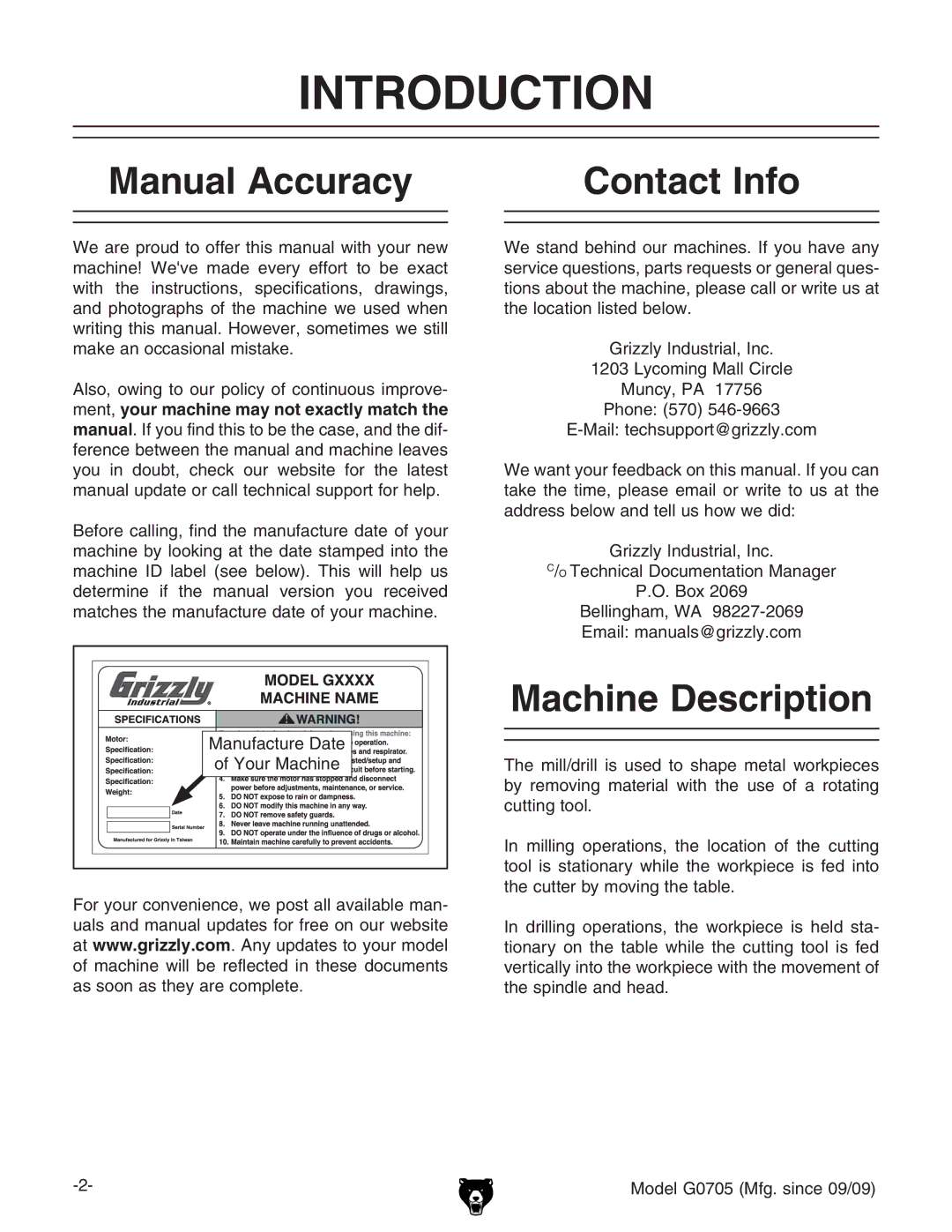 Grizzly G0705 owner manual Introduction, Manual Accuracy, Contact Info, Machine Description 