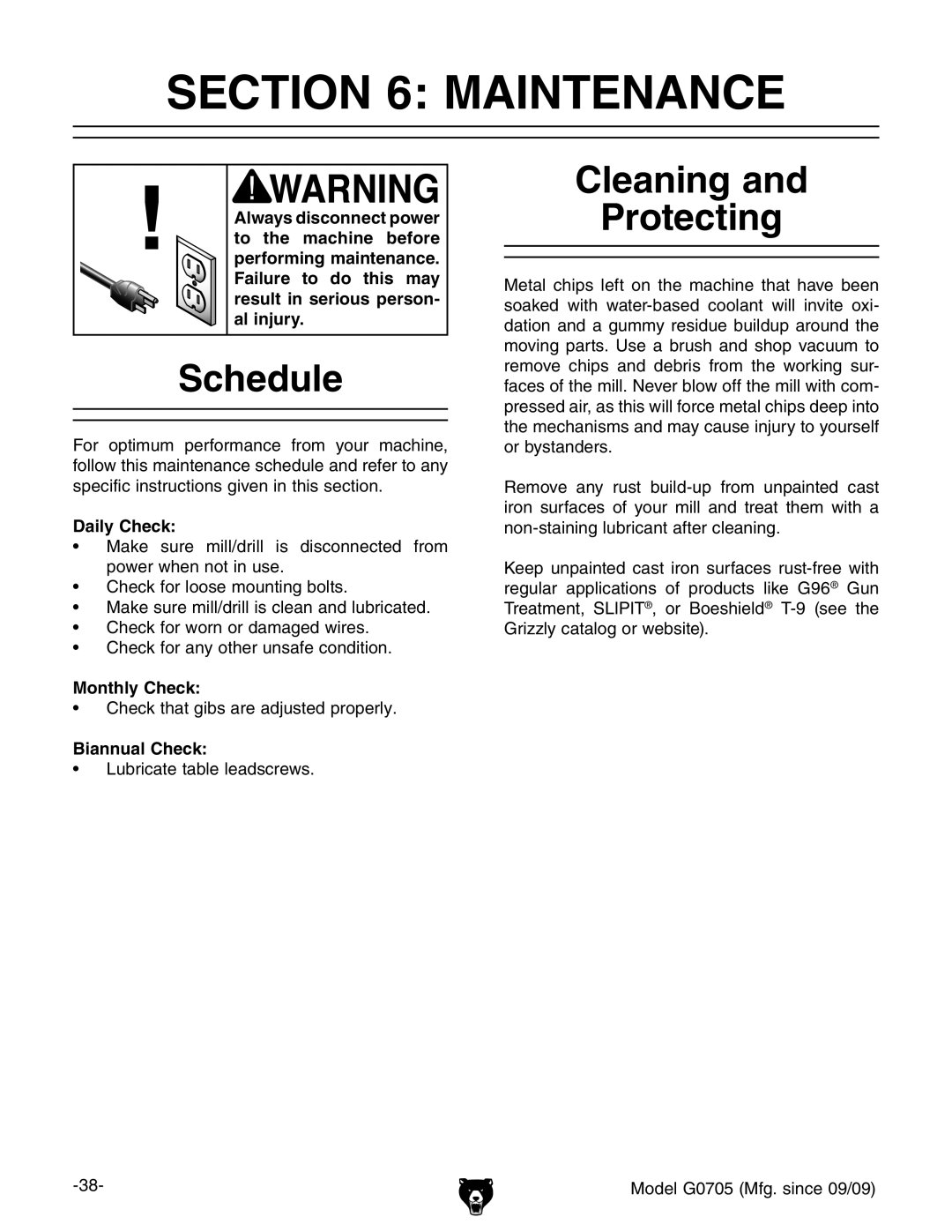 Grizzly G0705 owner manual Maintenance, Schedule, Cleaning Protecting 