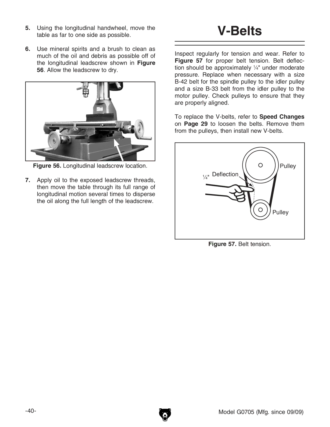 Grizzly owner manual Belts, Belt tension Model G0705 Mfg. since 09/09 