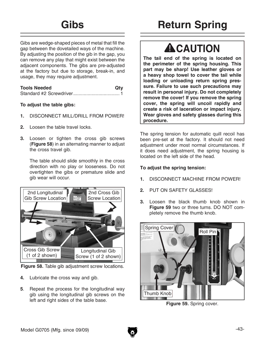 Grizzly G0705 owner manual Gibs Return Spring, To adjust the table gibs, To adjust the spring tension 