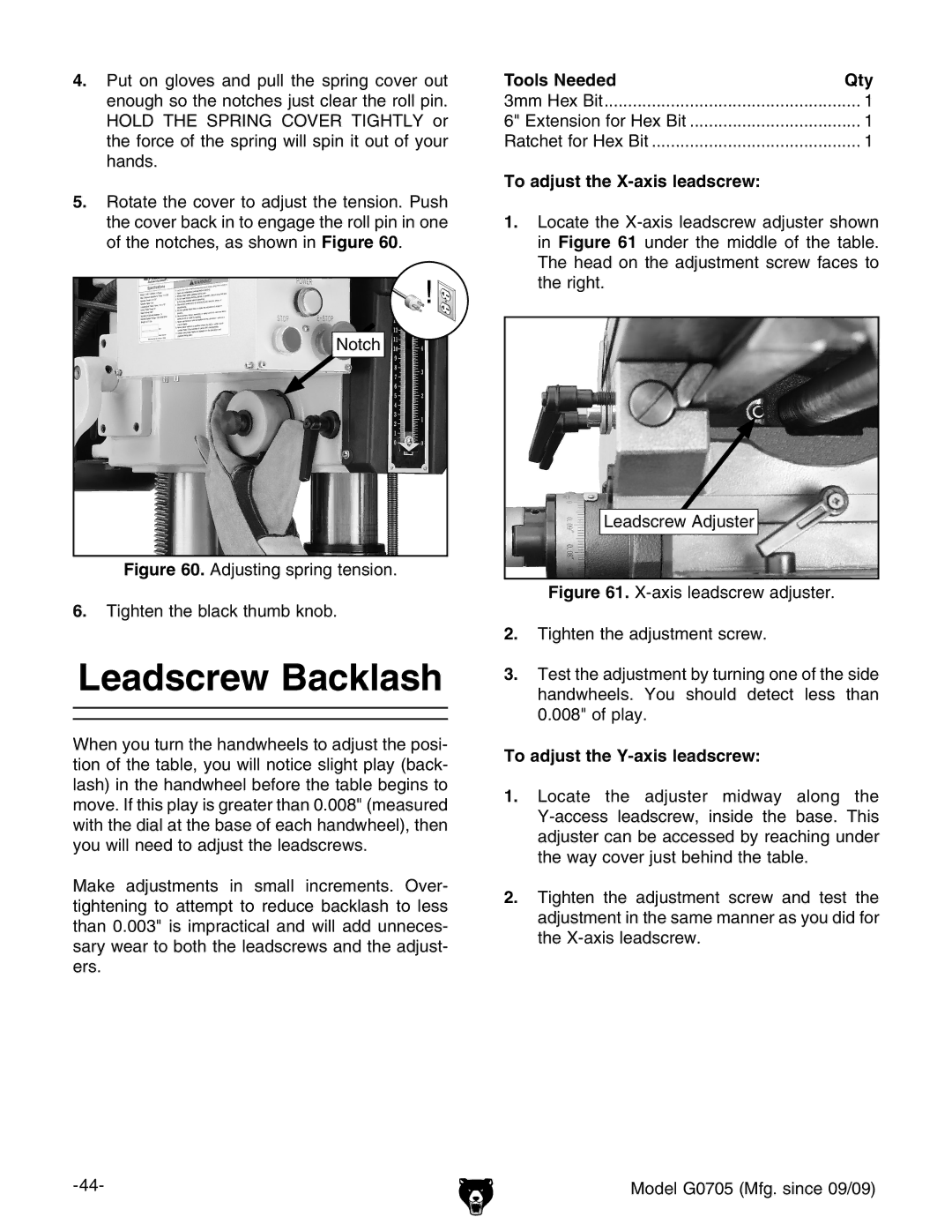 Grizzly G0705 owner manual Leadscrew Backlash, Adjusting spring tension Tighten the black thumb knob 