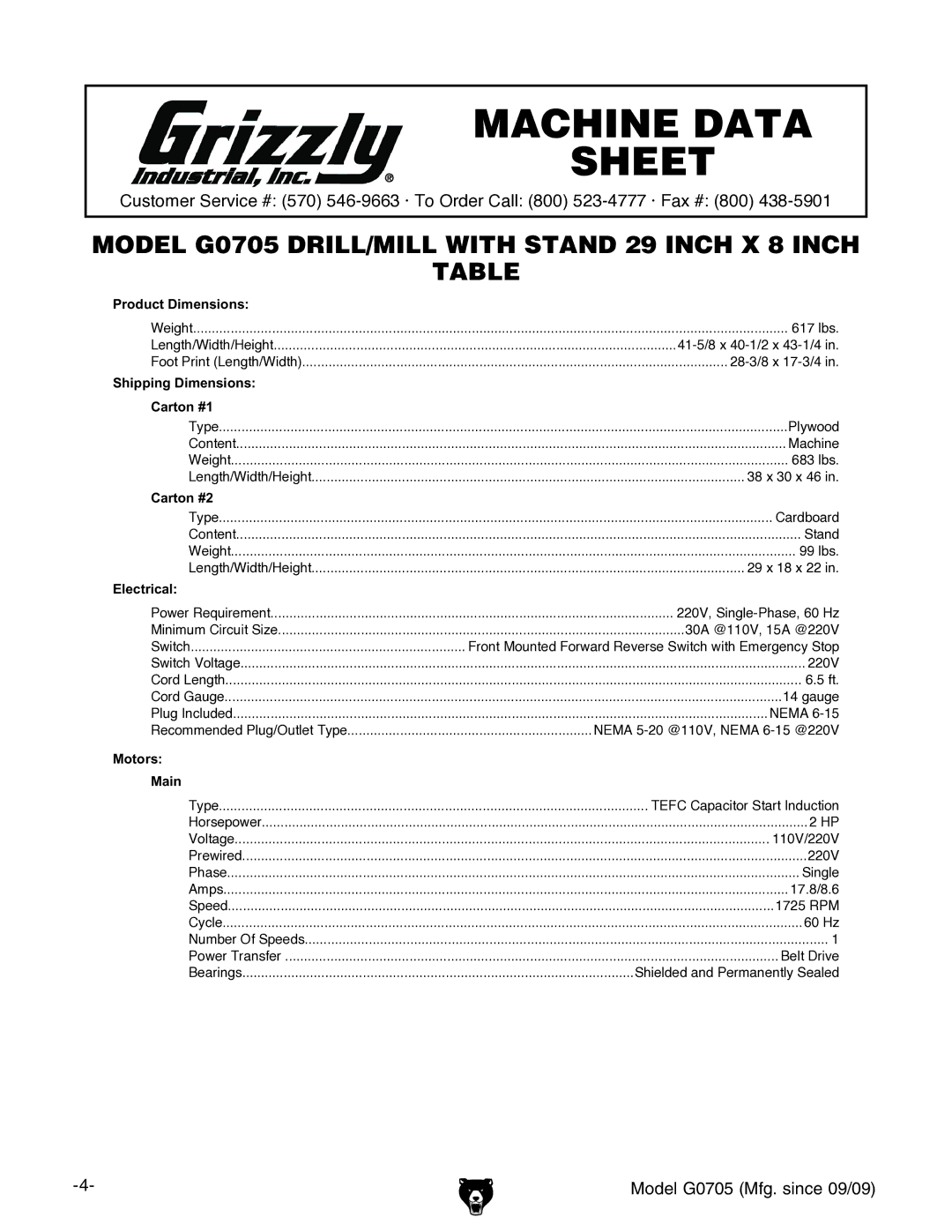 Grizzly G0705 owner manual Machine Data Sheet 