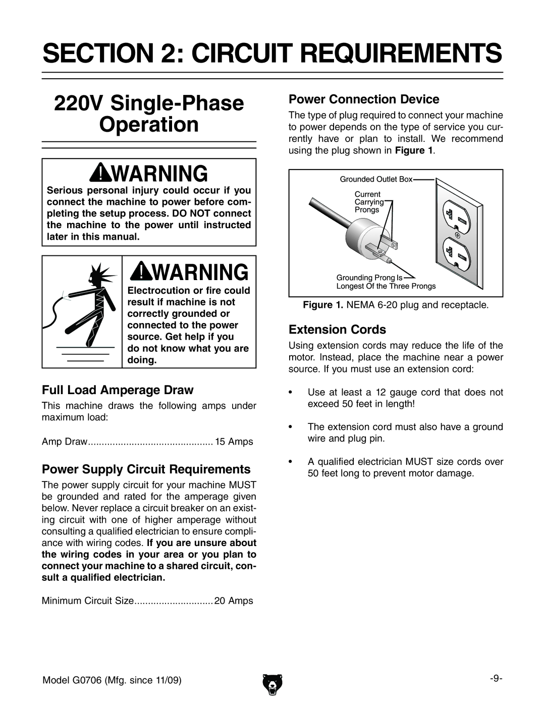 Grizzly G0706 owner manual Circuit Requirements, 220V Single-Phase Operation 