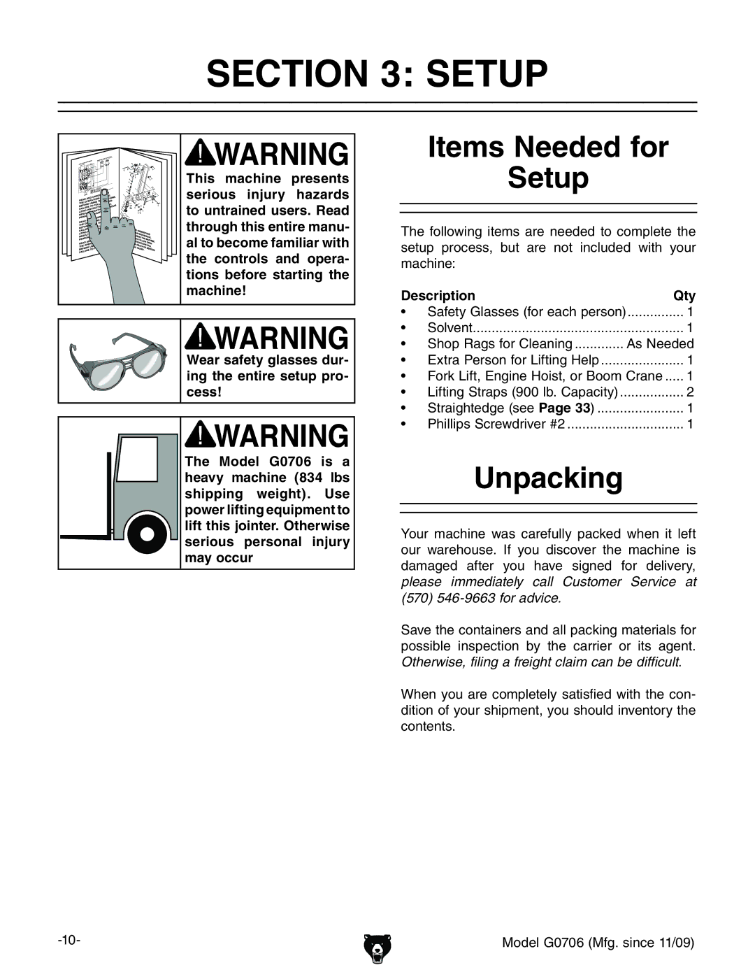 Grizzly G0706 owner manual Items Needed for Setup, Unpacking, Description Qty 