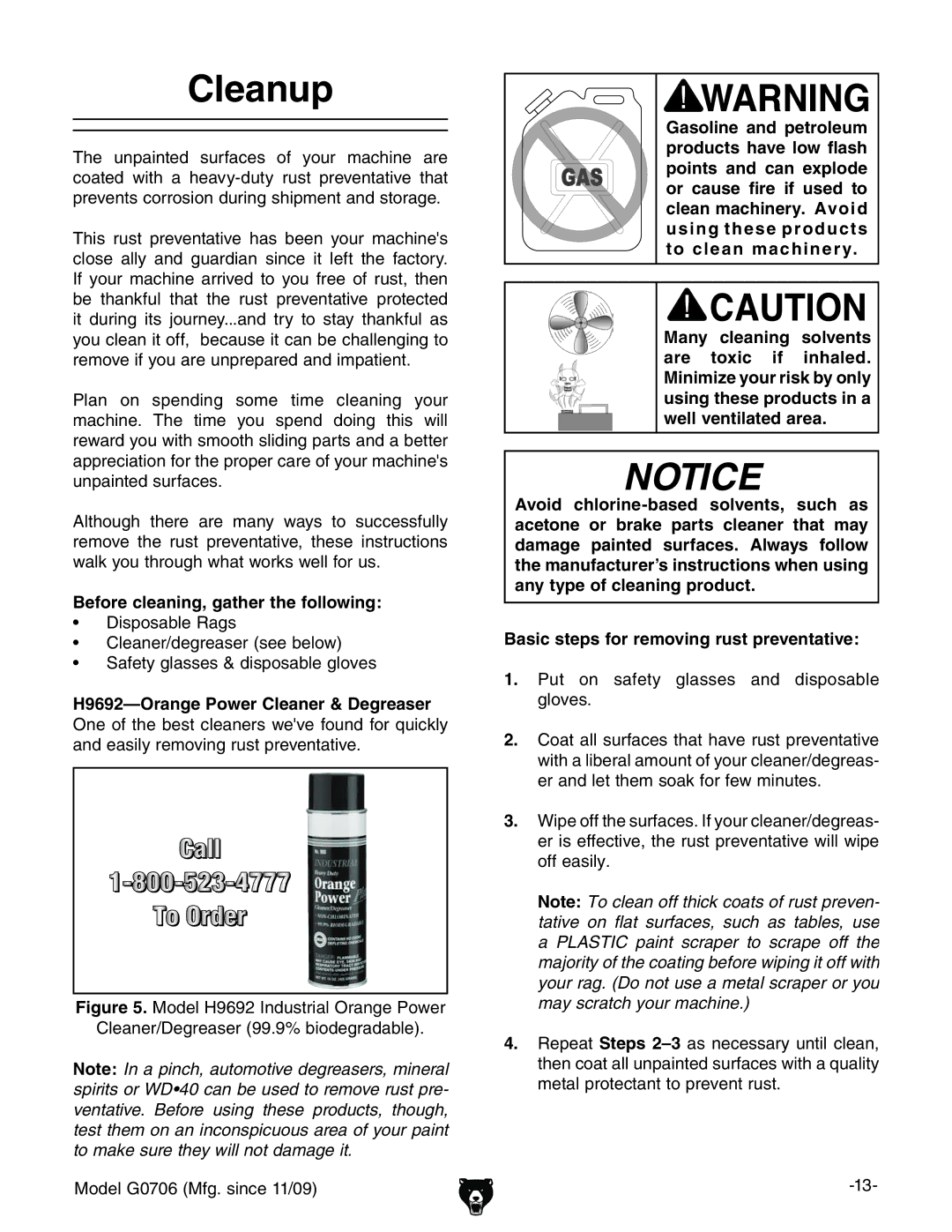 Grizzly G0706 owner manual Cleanup, H9692-Orange Power Cleaner & Degreaser, VcYZVhangZbdkc\gjhiegZkZciVikZ# 