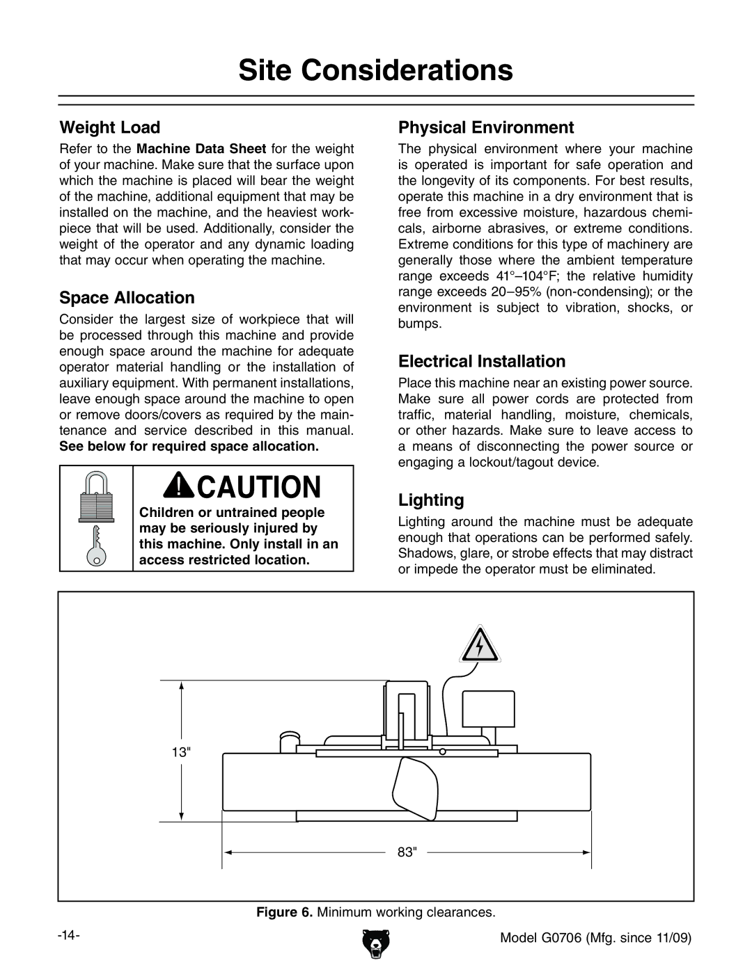 Grizzly G0706 owner manual Site Considerations 