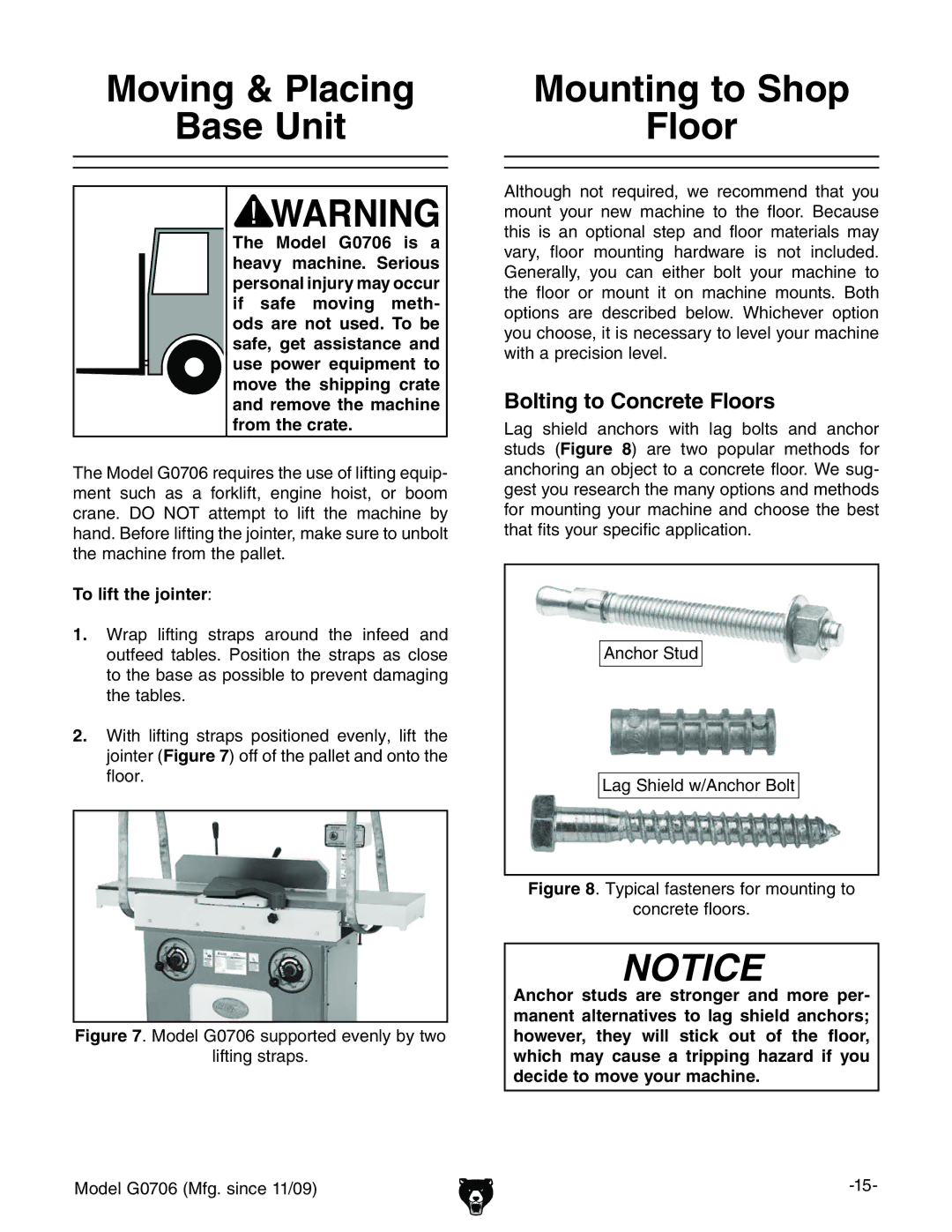 Grizzly G0706 Moving & Placing Base Unit, Mounting to Shop Floor, Bolting to Concrete Floors, To lift the jointer 