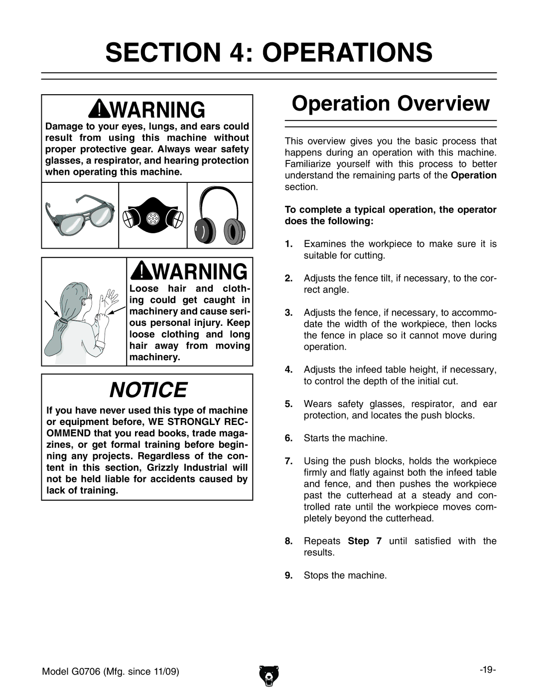 Grizzly G0706 owner manual Operations, Operation Overview,  HiVgihiZbVXcZ# 