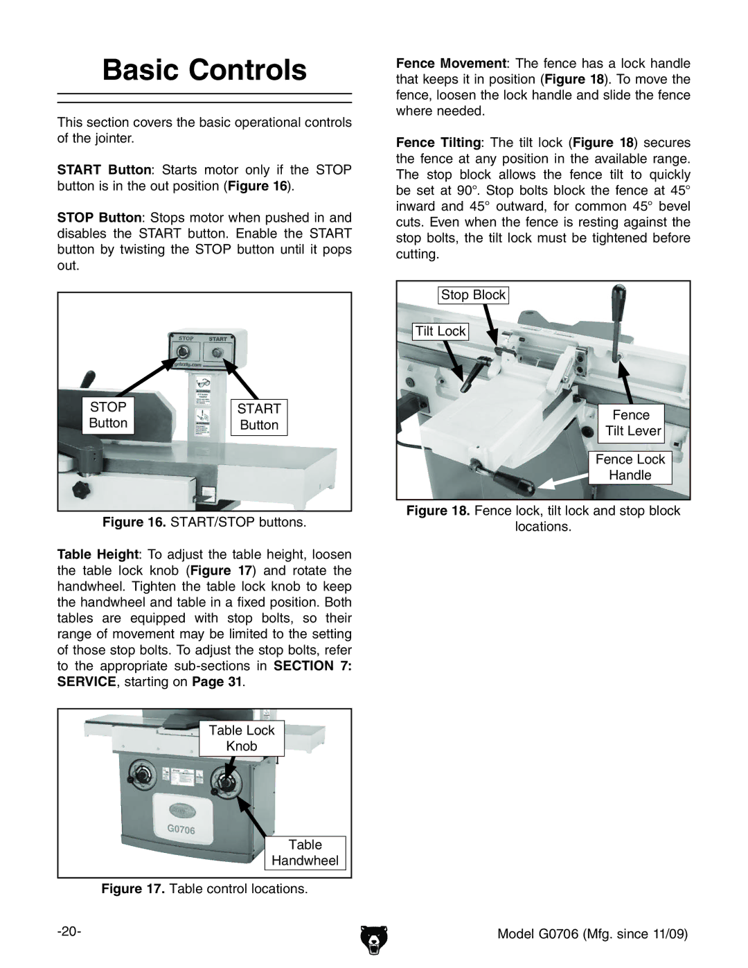 Grizzly G0706 owner manual Basic Controls 