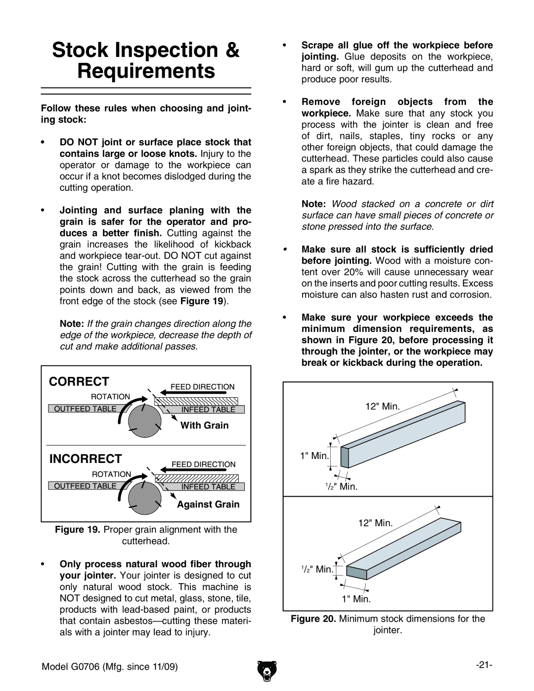 Grizzly G0706 owner manual Stock Inspection Requirements, #/22%#4, Follow these rules when choosing and joint- ing stock 