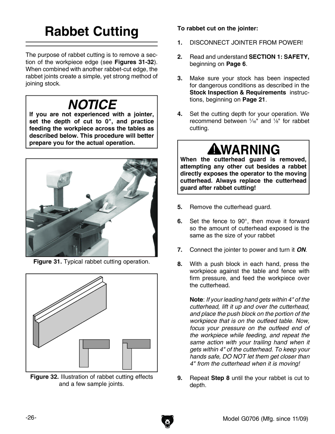 Grizzly G0706 Rabbet Cutting, To rabbet cut on the jointer,  HZiiZXjiic\YZeidgndjgdeZgVidc#LZ, Xjiic\# 