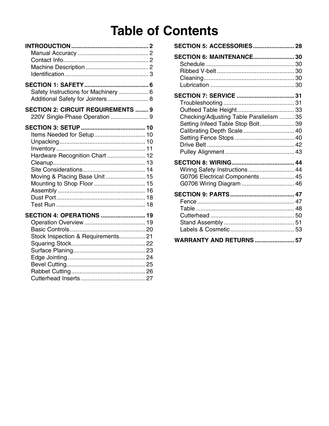 Grizzly G0706 owner manual Table of Contents 