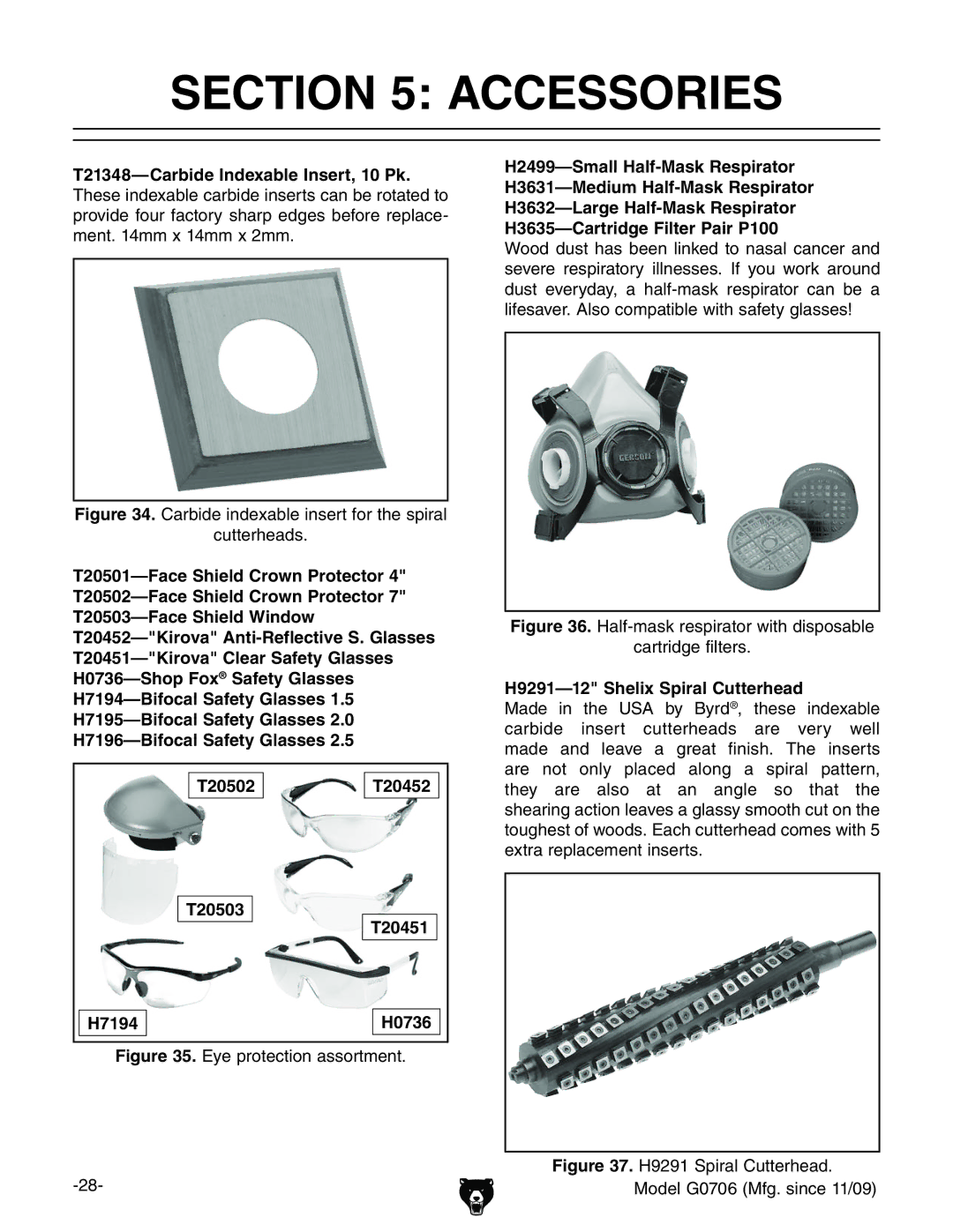 Grizzly G0706 owner manual Accessories, XjiiZgZVYh#, H9291-12 Shelix Spiral Cutterhead 