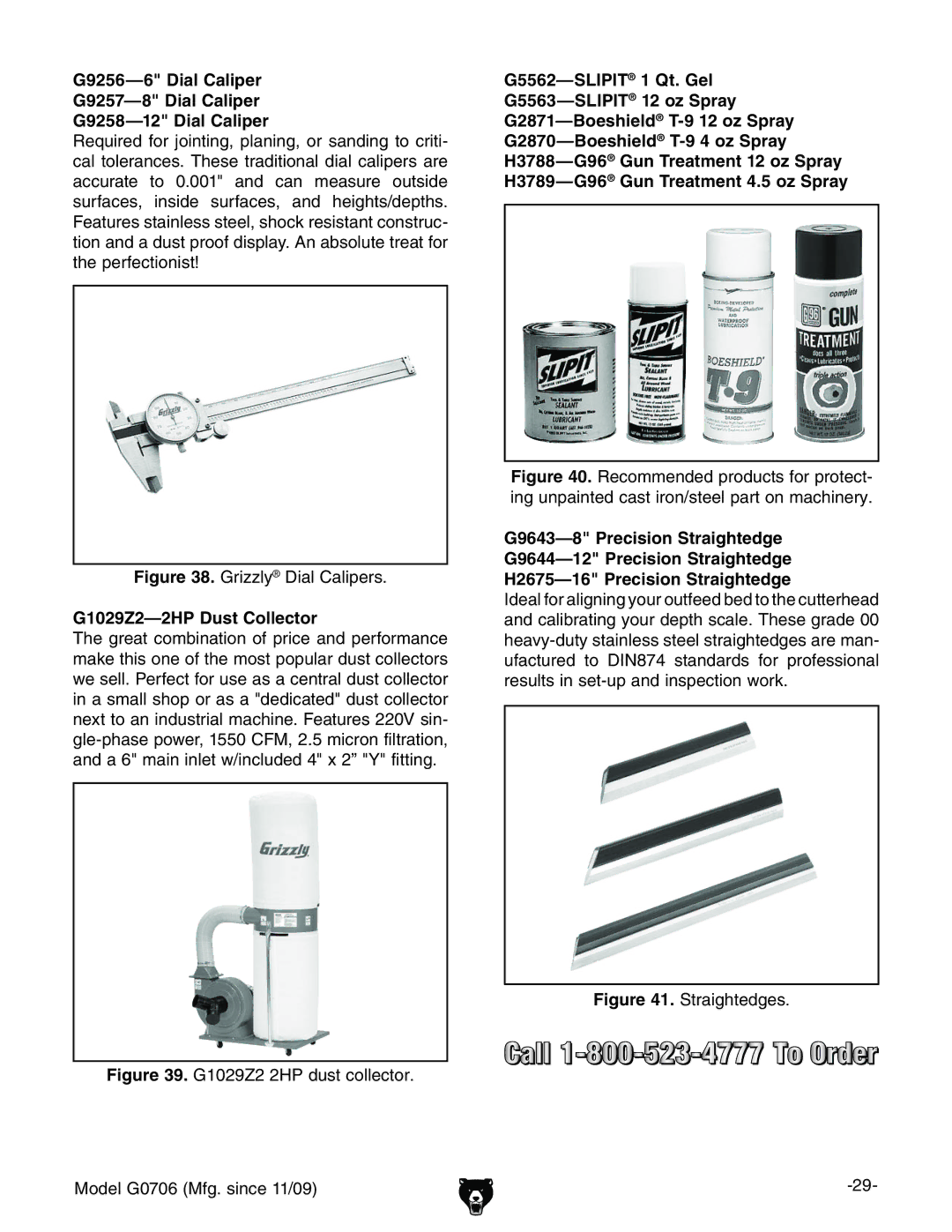 Grizzly G0706 owner manual G1029Z2-2HP Dust Collector, G9643-8 Precision Straightedge 