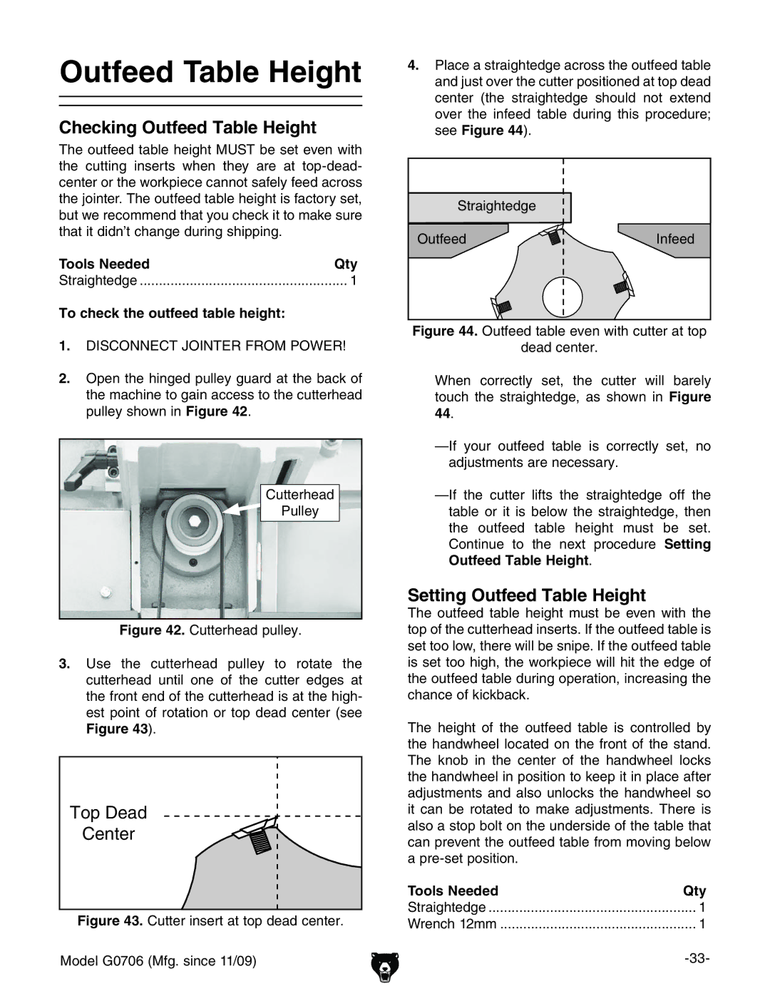 Grizzly G0706 owner manual Checking Outfeed Table Height, Setting Outfeed Table Height 