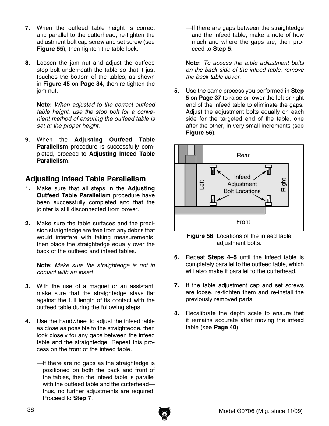 Grizzly G0706 owner manual Adjusting Infeed Table Parallelism, GZVg AZi, 6YjhibZci, Gdci 