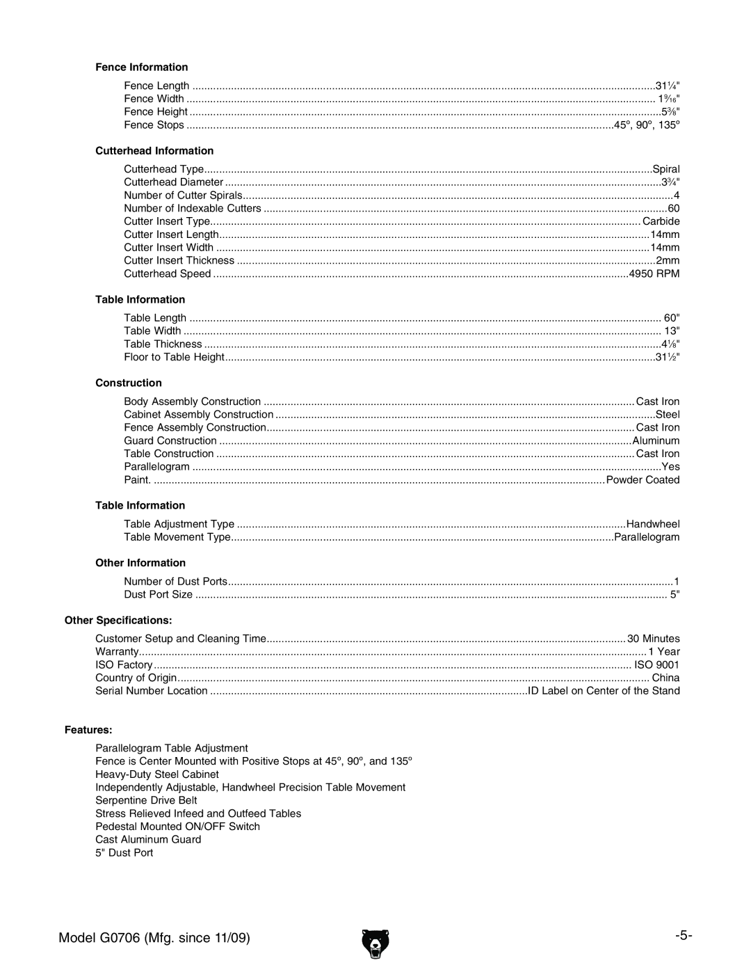 Grizzly G0706 owner manual Fence Information 