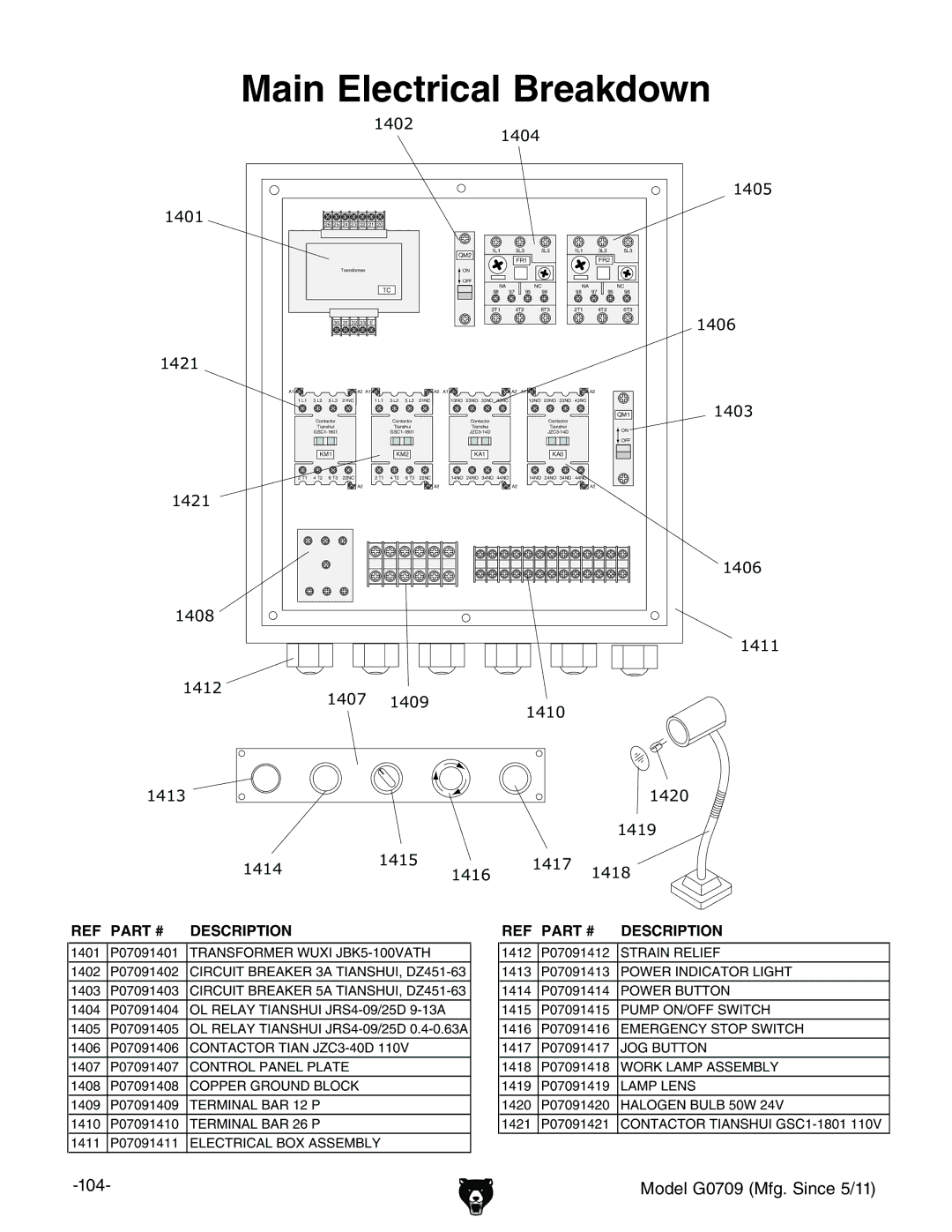 Grizzly G0709 owner manual Main Electrical Breakdown, Transformer Wuxi JBK5-100VATH 