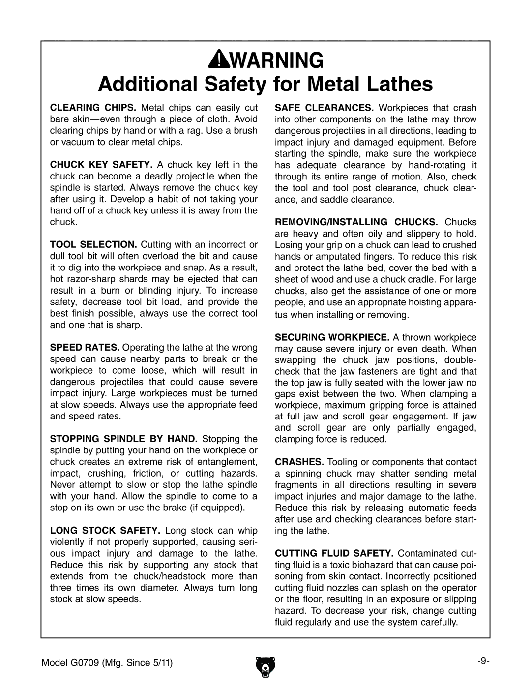 Grizzly G0709 owner manual Additional Safety for Metal Lathes 