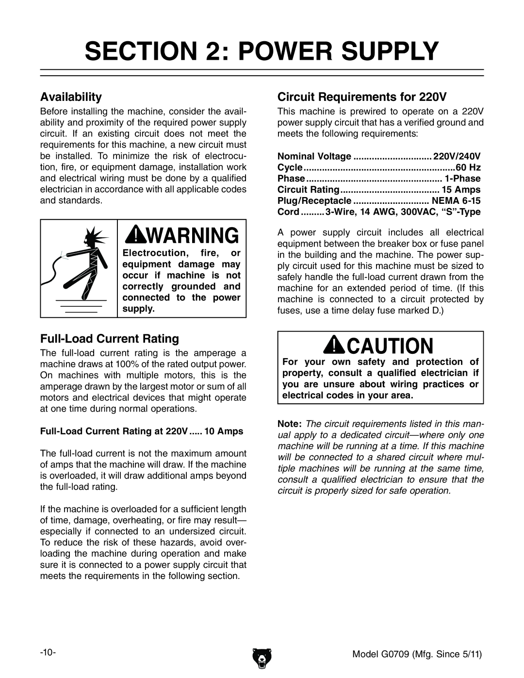 Grizzly G0709 owner manual Power Supply, Availability, Circuit Requirements for, Full-Load Current Rating 