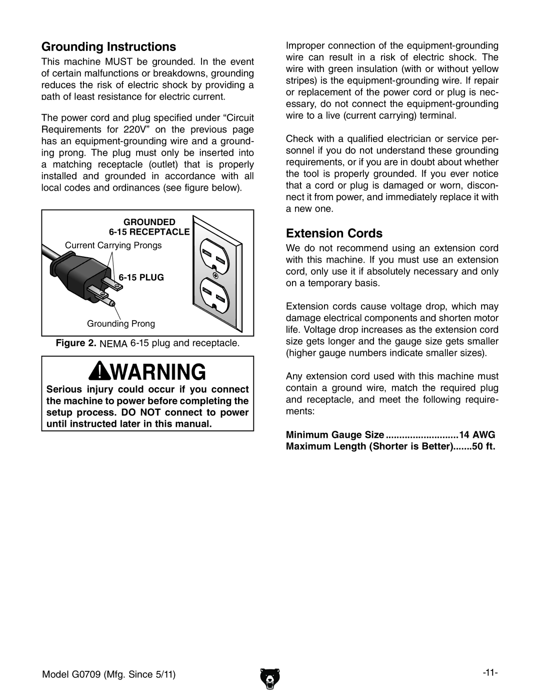 Grizzly G0709 owner manual Grounding Instructions, Extension Cords, Minimum Gauge Size 14 AWG, 50 ft 