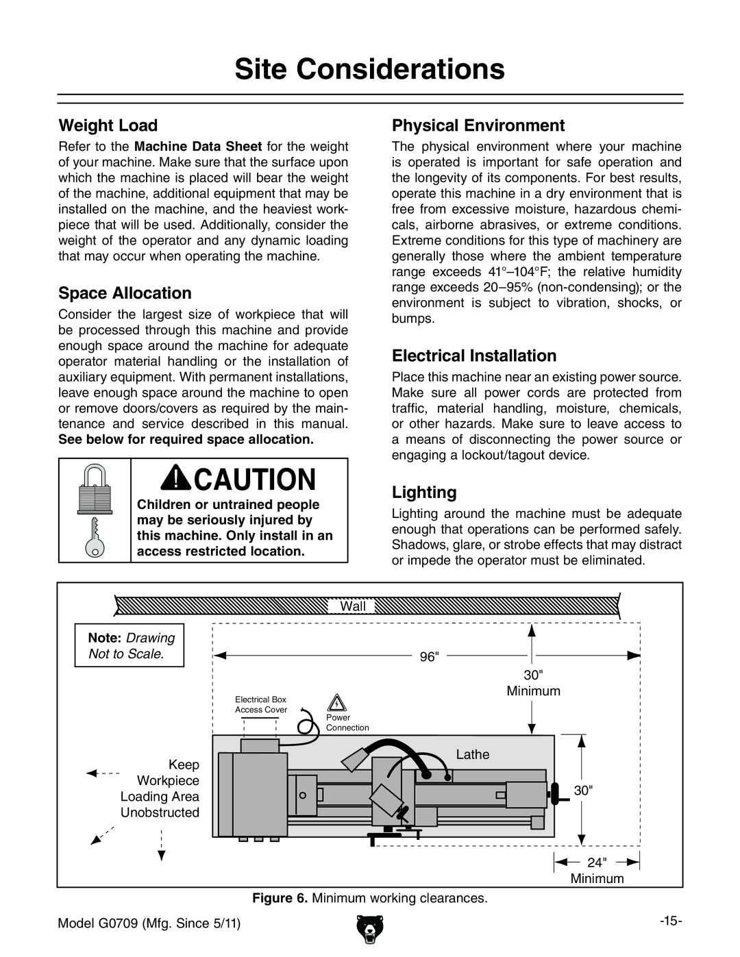 Grizzly G0709 Site Considerations, Weight Load Physical Environment, Space Allocation, Electrical Installation, Lighting 