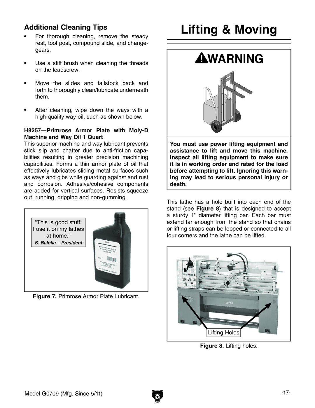 Grizzly G0709 owner manual Lifting & Moving, Additional Cleaning Tips 