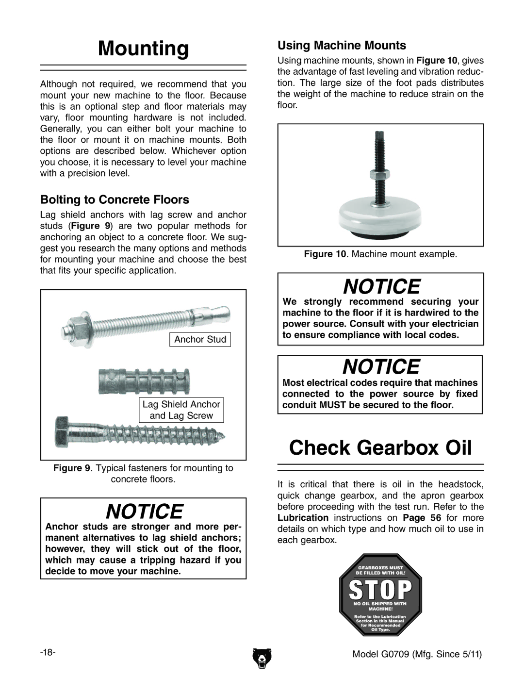 Grizzly G0709 owner manual Mounting, Check Gearbox Oil, Bolting to Concrete Floors, Using Machine Mounts 