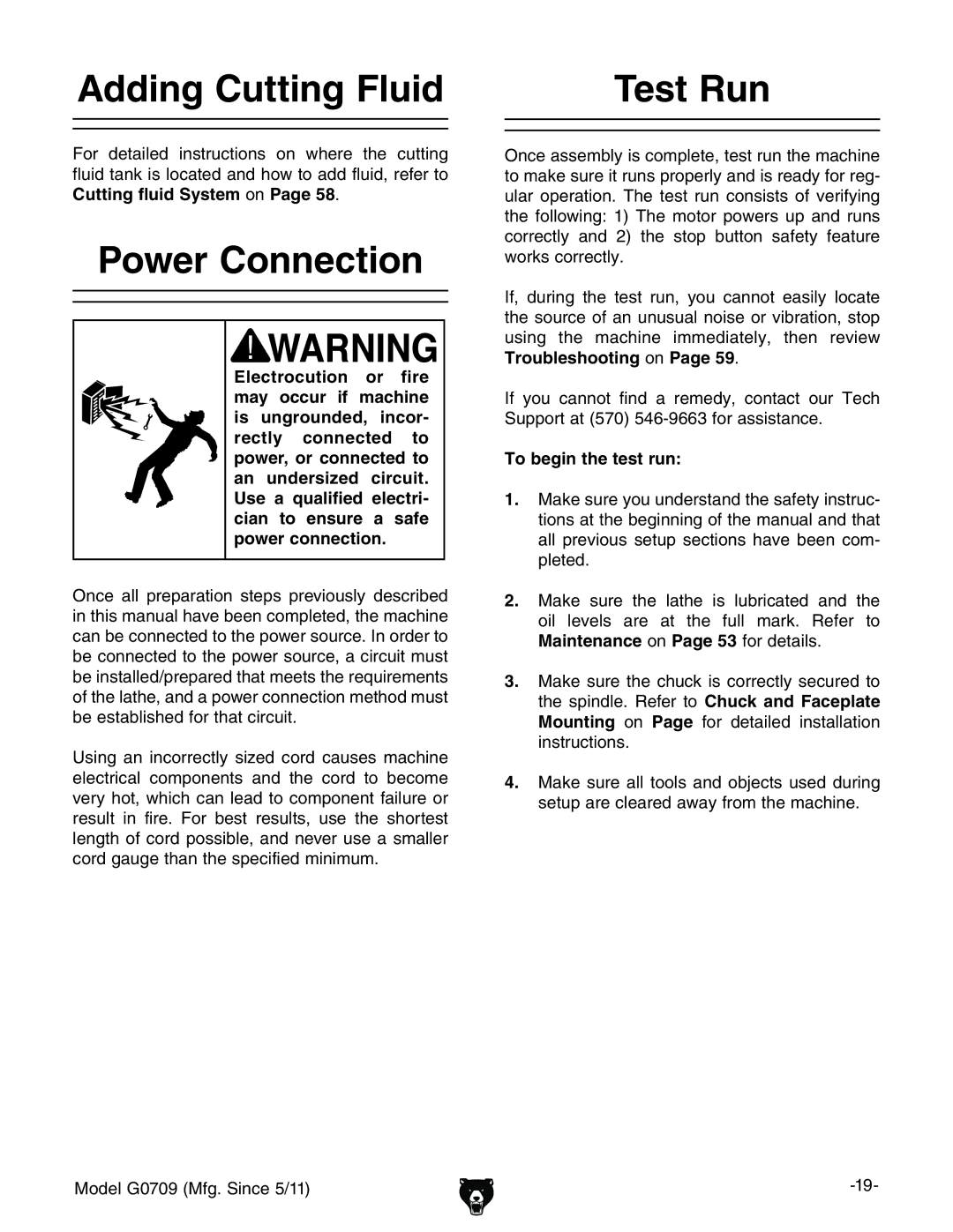 Grizzly G0709 owner manual Adding Cutting Fluid, Power Connection, Test Run, To begin the test run 