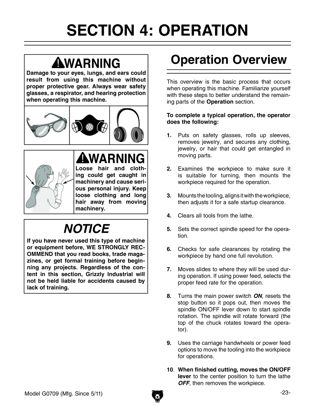 Grizzly G0709 owner manual Operation Overview 