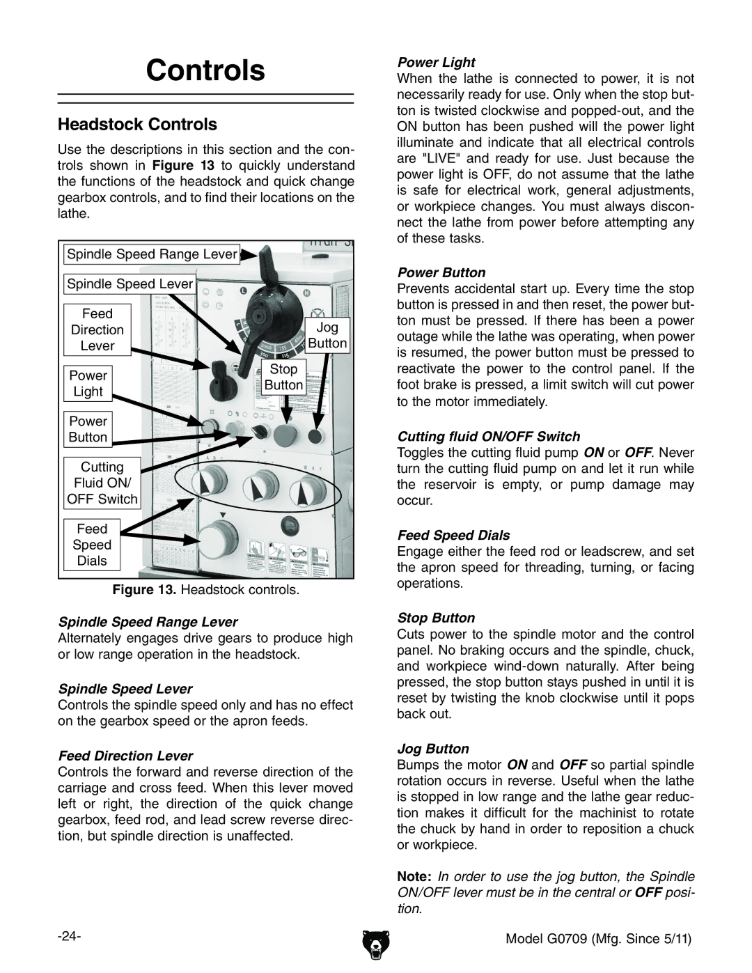 Grizzly G0709 owner manual Headstock Controls 