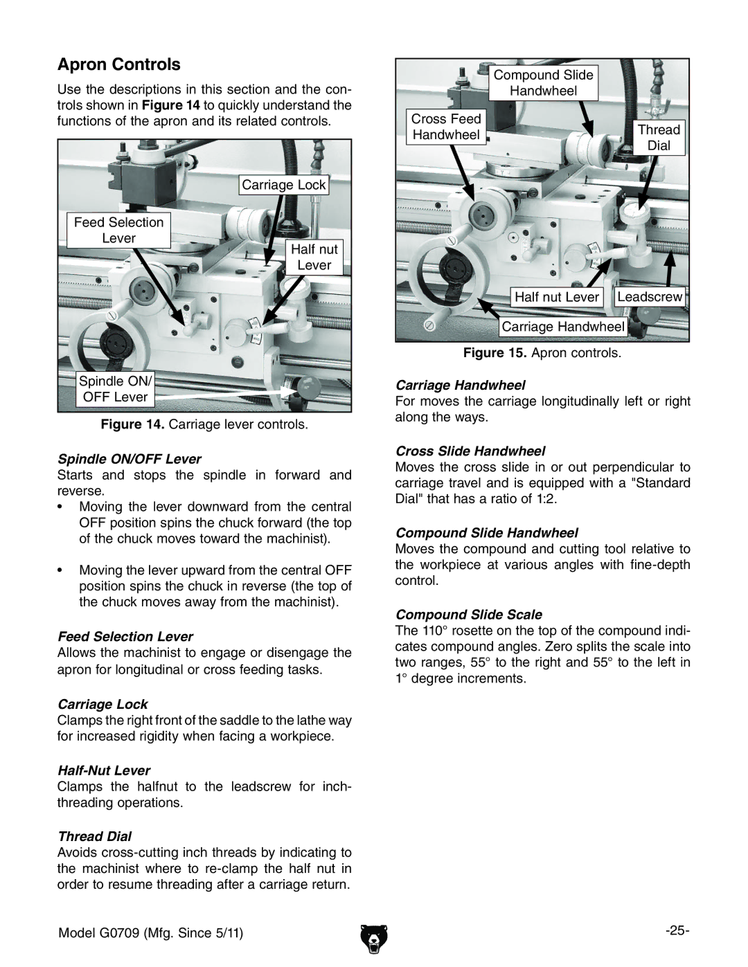 Grizzly G0709 owner manual Apron Controls, Spindle ON/OFF Lever 