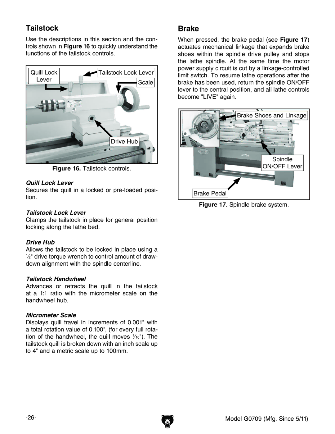 Grizzly G0709 owner manual Tailstock, Brake 