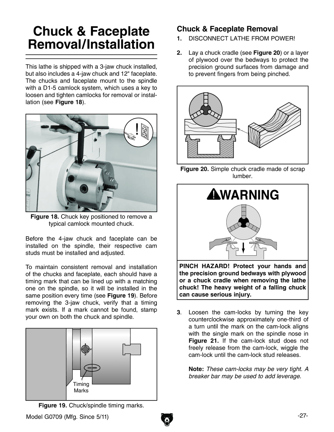 Grizzly G0709 owner manual Chuck & Faceplate Removal/Installation 