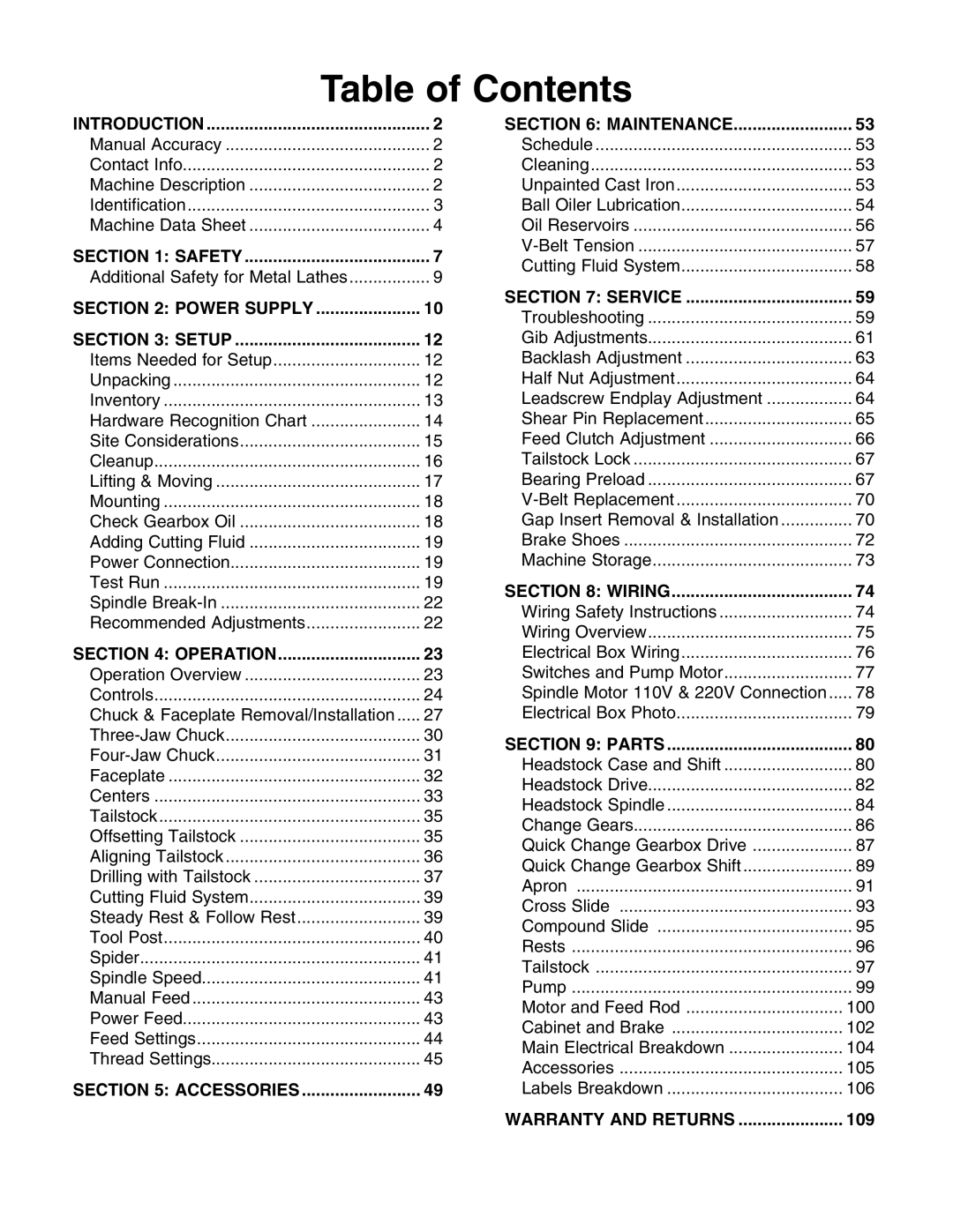 Grizzly G0709 owner manual Table of Contents 