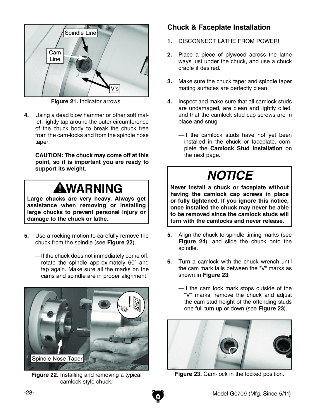 Grizzly G0709 owner manual Chuck & Faceplate Installation, chiVaac\VcYgZbdkc\VineXVa 