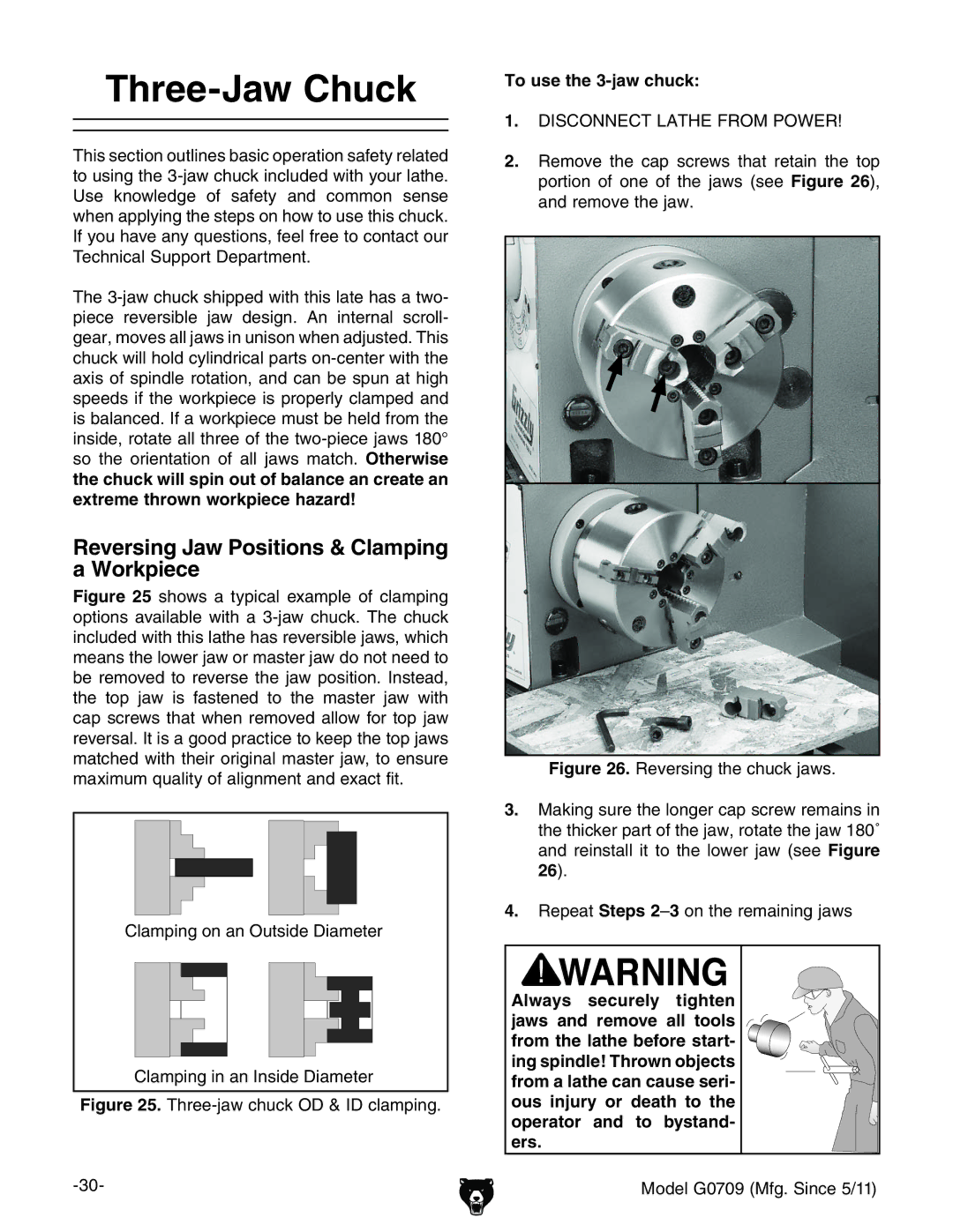 Grizzly G0709 owner manual Three-Jaw Chuck, Reversing Jaw Positions & Clamping a Workpiece, To use the 3-jaw chuck 