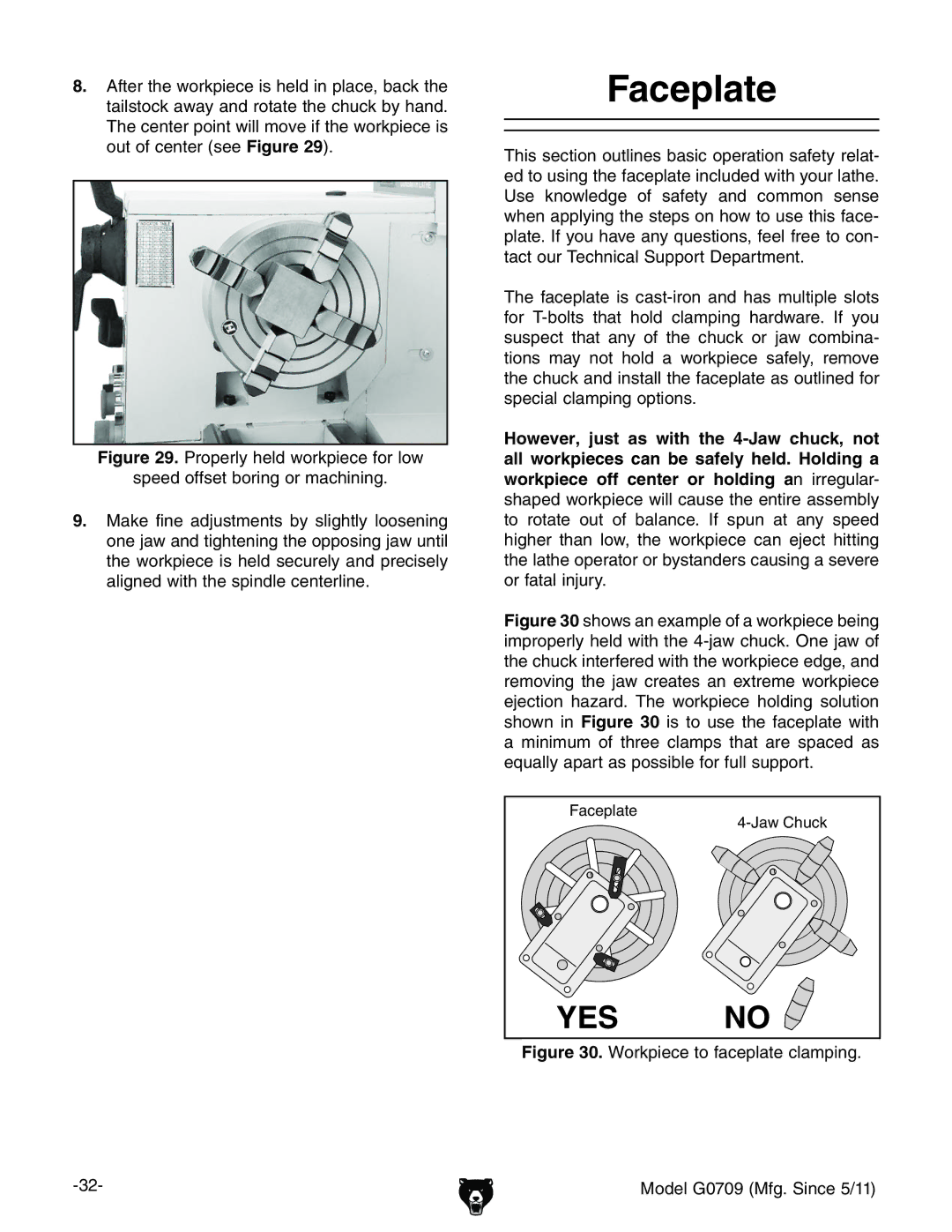 Grizzly G0709 owner manual Faceplate, Yes 