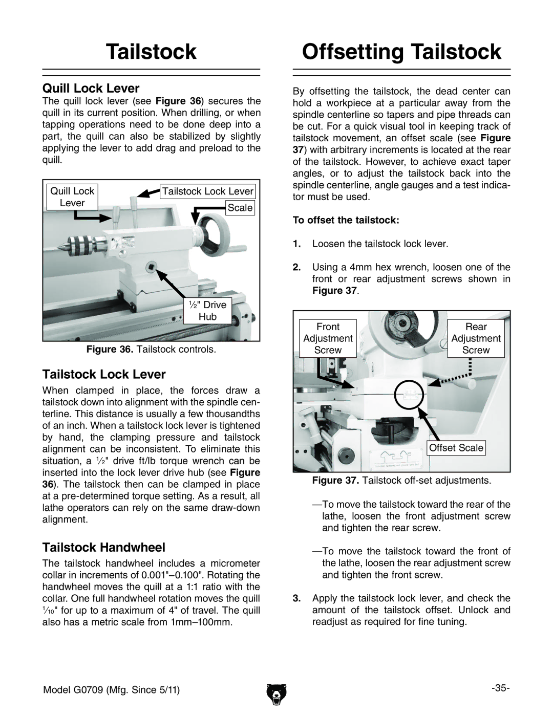 Grizzly G0709 owner manual Offsetting Tailstock, Quill Lock Lever, Tailstock Lock Lever, Tailstock Handwheel 