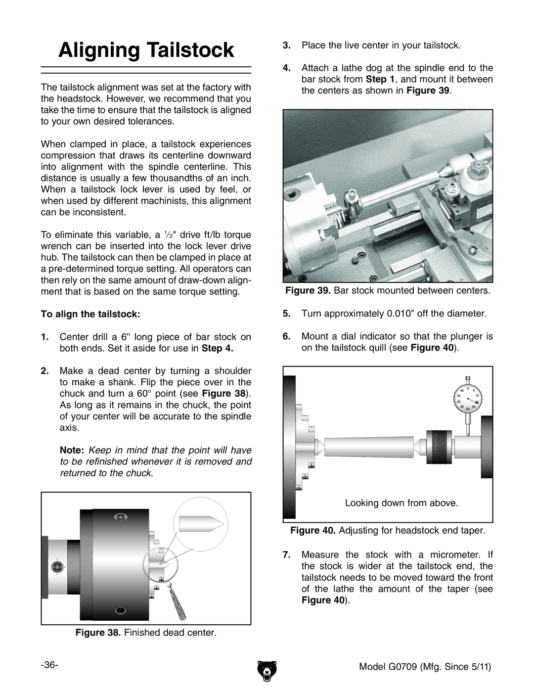 Grizzly G0709 owner manual Aligning Tailstock, To align the tailstock 