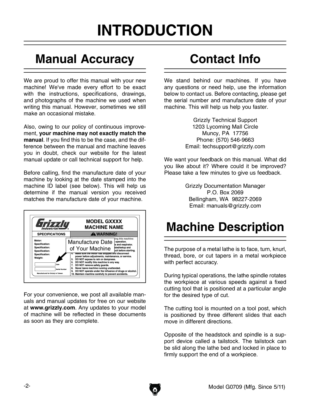 Grizzly G0709 owner manual Introduction, Manual Accuracy Contact Info, Machine Description 