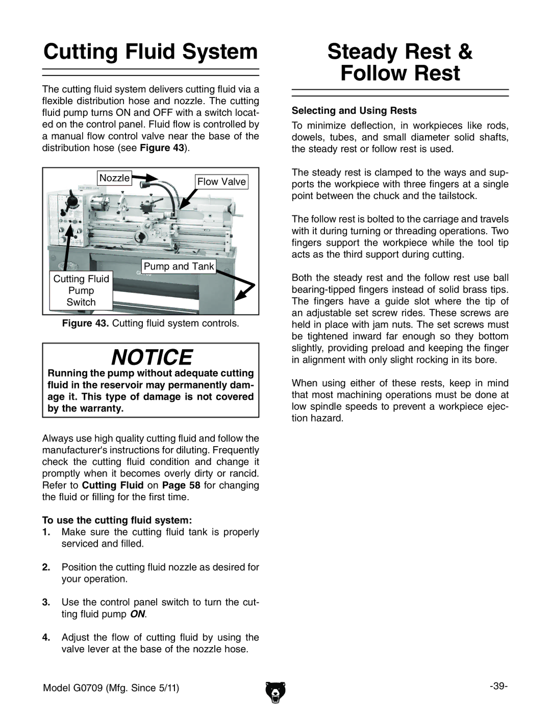 Grizzly G0709 Cutting Fluid System, Steady Rest Follow Rest, To use the cutting fluid system, Selecting and Using Rests 