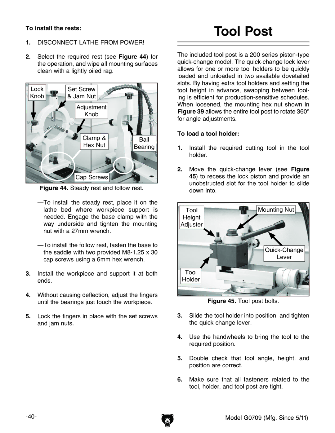 Grizzly G0709 owner manual Tool Post, To install the rests, To load a tool holder 