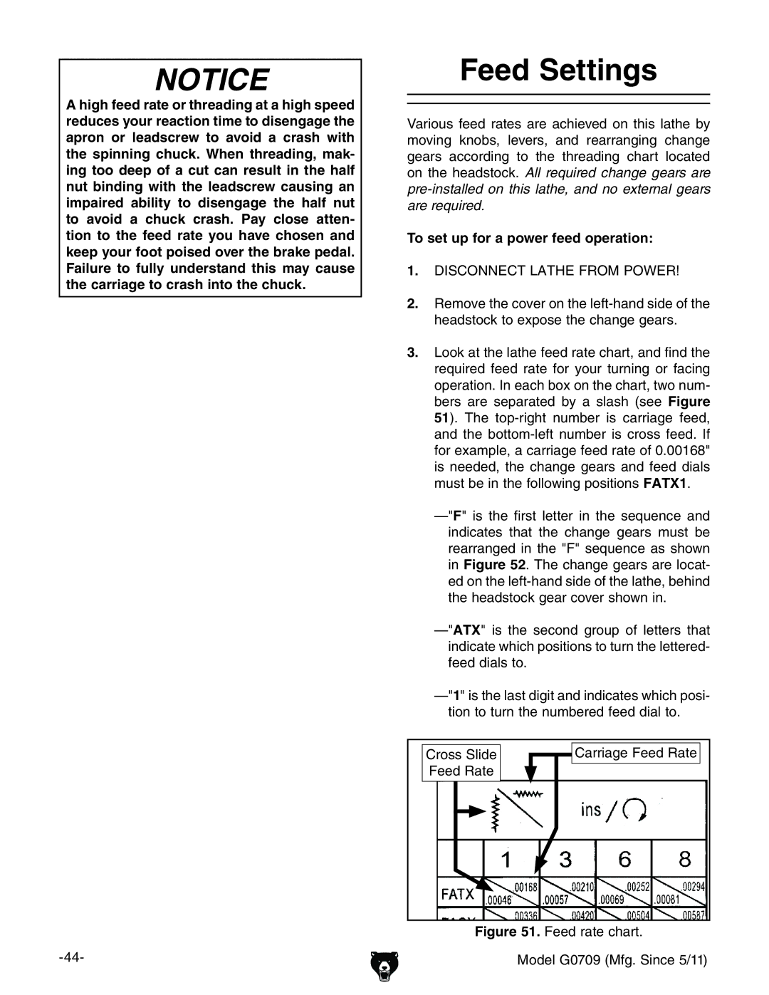 Grizzly G0709 owner manual Feed Settings, To set up for a power feed operation 