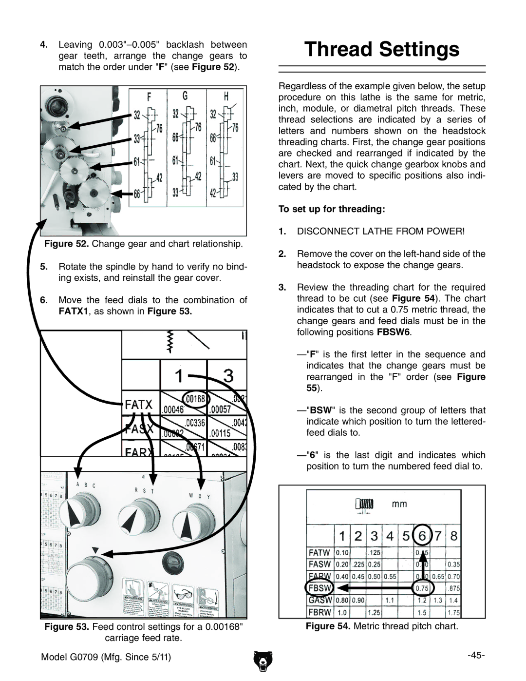 Grizzly G0709 owner manual Thread Settings, To set up for threading 