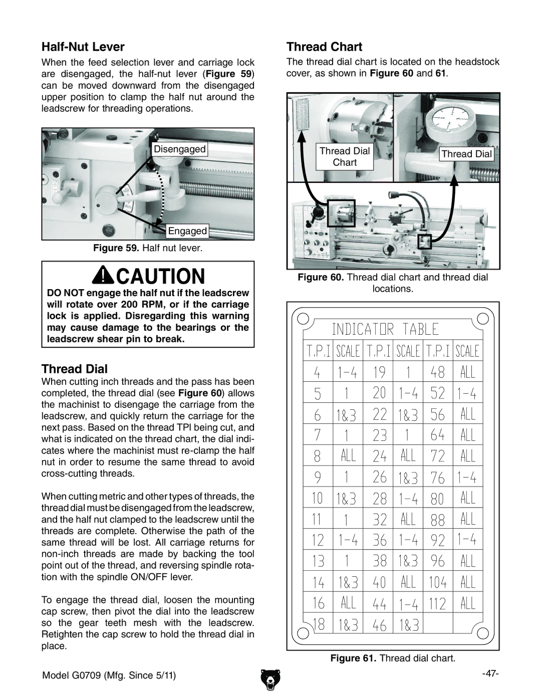 Grizzly G0709 owner manual Half-Nut Lever, Thread Dial, Thread Chart 